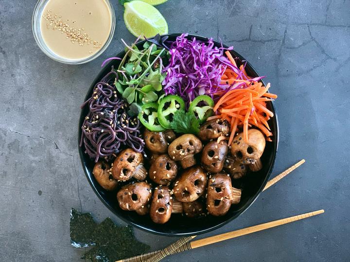 Forbidden Rice Noodle Bowl with Skeleton Mushrooms